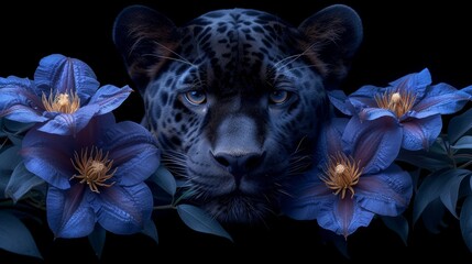   A tight shot of a leopard against a black backdrop, flowers with deep blue hues in the foreground - obrazy, fototapety, plakaty