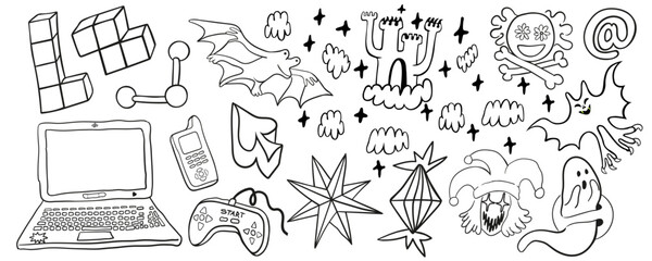 set of doodle icons elements in vector.teenage subcultural objects.line art for stickers, print, app, design, web site, label, poster, postcard