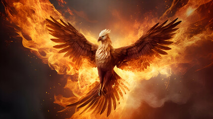 3d rendering of a golden eagle flying in the flames of a fire - obrazy, fototapety, plakaty