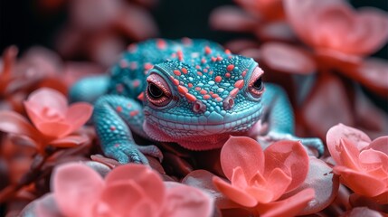   A tight shot of a tiny blue-red gecko against a backdrop of pink and red blooms, both set against a black ground