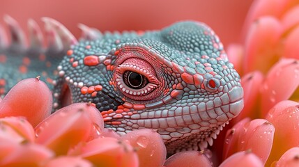 Obraz premium A tight shot of a lizard's head before a plant bearing pink blossoms in the foreground, surrounded by a pink backdrop