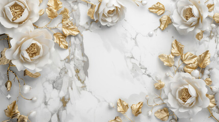 Fototapeta na wymiar Intricate golden flowers patterned on pristine white marble, capturing elegance. Generative AI