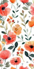 Warm Watercolour Flowers in Spring Pattern l Beautiful Floral Summer colour design art wallpaper l Cute Simple Flower with leaf in white background l Vintage drawing set