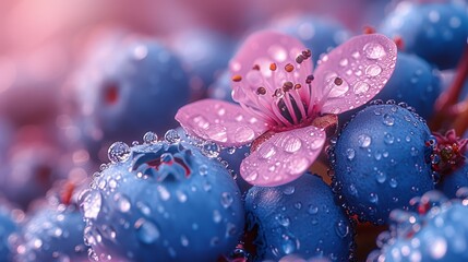   A tight shot of ripe blueberries surrounded by water droplets, with a pink flower centrally placed among them