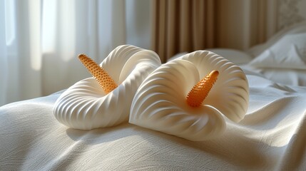 Fototapeta na wymiar Two white sculptures atop a bed, nearby a pristine white comforter