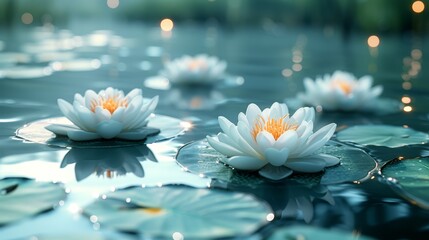   A collection of white water lilies atop a body of water, with underlying lily pads