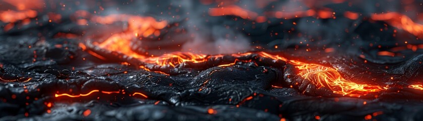 Volcanic lava, abstract flow, wide view, fiery reds for a dynamic background , 3D render - obrazy, fototapety, plakaty