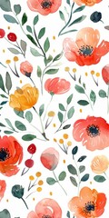 Warm Watercolour Flowers in Spring Pattern l Beautiful Floral Summer colour design art wallpaper l Cute Simple Flower with leaf in white background l Vintage drawing set