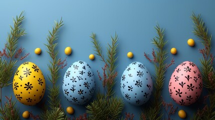   A row of painted eggs atop green grass Nearby, oranges and pine cones rest