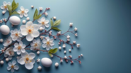   A group of white flowers with green leaves against a blue backdrop, featuring eggs nestled within their centers