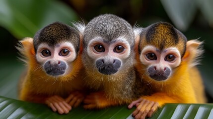   Three monkeys sit on a single green leaf, touching it with their bodies They face the camera, gazing intently