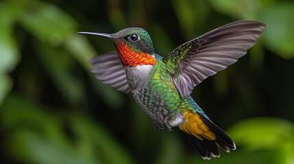 Fototapeta premium A hummingbird, vibrantly colored, flaps wings in front of a backdrop of lush, green foliage Another bird emerges in the foreground, wings expanded