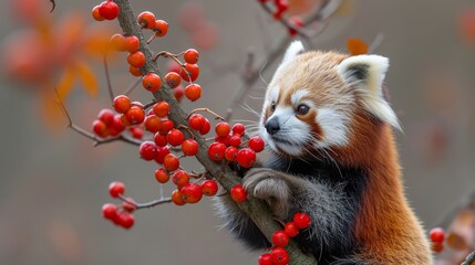 Fototapeta premium A tight shot of a small animal perched on a tree branch, laden with berries, against a softly blurred backdrop