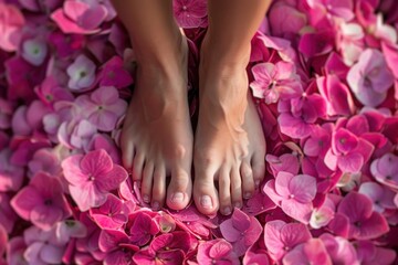 Bare feet standing amidst a sea of vibrant pink hydrangea flowers, symbolizing a connection with nature