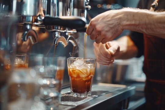 Barista working in modern cafe. Male barista hands making ice coffee