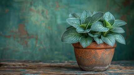   A tight shot of a potted plant, displaying lush green leaves, atop a weathered wooden table Behind, a green wall stretches as backdrop