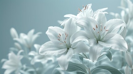   A group of white flowers against a blue and white backdrop, with a softly blurred flower image in the background