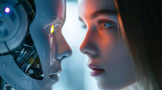 Human and android face-to-face. Conceptual image of artificial intelligence, future technology, and identity