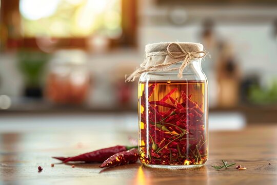 Chili oil in jar on the kitchen