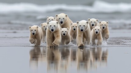   Polar bears stroll on a sandy beach beside the ocean, mirrored in its tranquil waters