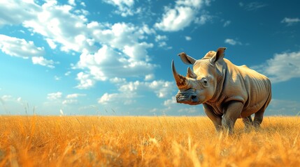   Rhino in field of tall grass, blue sky above - obrazy, fototapety, plakaty