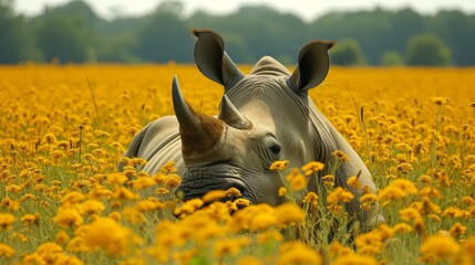   A rhino grazes in a yellow dandelion field, amidst green grass and background trees