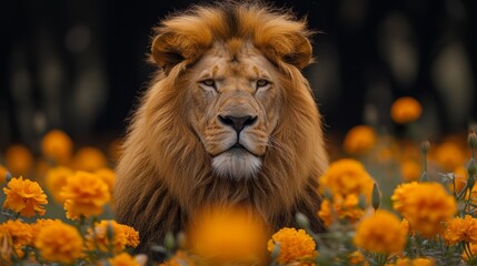   A tight shot of a lion gazing at the camera in a flower-filled meadow