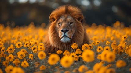   A tight shot of a lion amidst a flower bed, yellow blooms predominating in the foreground, trees in the backdrop - obrazy, fototapety, plakaty