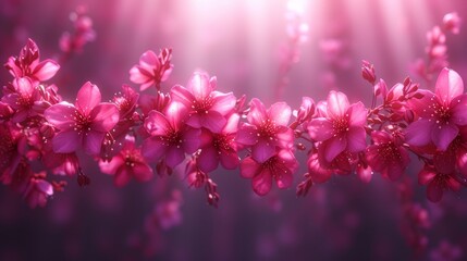   A collection of pink blooms against a purple backdrop, illuminated from above by light filtering through the petals and below by it seeping up through the stems - obrazy, fototapety, plakaty