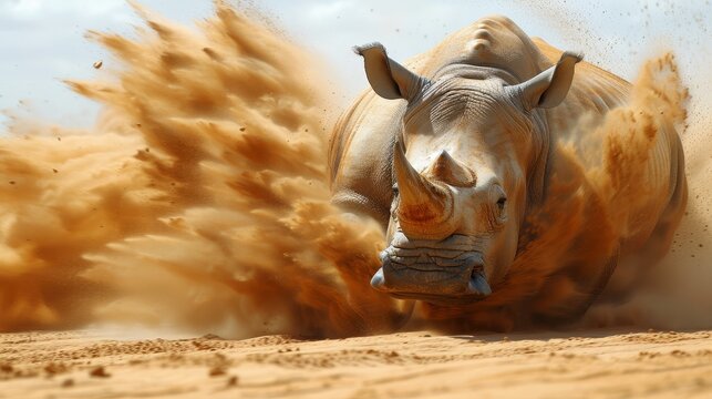   A rhino charges through the sand, kicking up a storm of dust It appears to emerge from the water.. Rhino runs through sand, raising dust