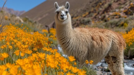   A llama stands in a field of wildflowers, with a mountain as the backdrop and a streaming river nearby