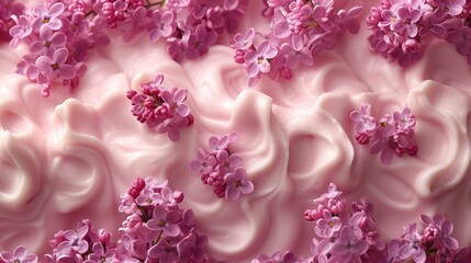  Pink frosting, purple flowers atop, beneath, pink blooms