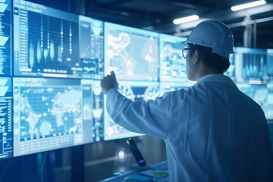 Asian engineer in white helmet and labcoat checking large digital dashboards with touch gesture - Digital factory with industry 4.0 capabilities
