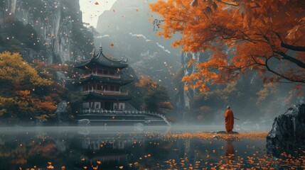 A monk contemplates beside a lake with autumn leaves and a temple backdrop. Resplendent.
