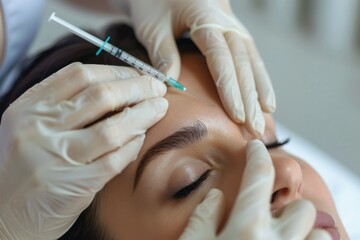 hands of an expert cosmetologist injecting botox into a woman's forehead