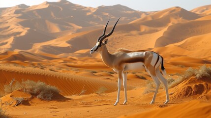   A gazelle stands in the desert's heart, amidst sand dunes Distant mountain range - obrazy, fototapety, plakaty