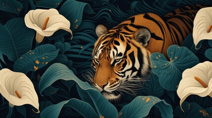   A tiger concealed, face half-revealed, in a jungle of white lilies and large leafy plants, verdant green thriving around