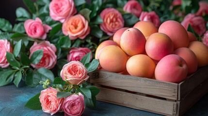   A wooden crate brimming with peaches sits next to a bouquet of pink roses, while a separate arrangement of peaches adorns the table