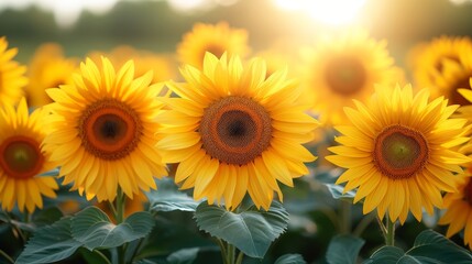 Fototapeta premium A field filled with sunflowers, all Yellow, with the sun casting light through their sunbursts' centers