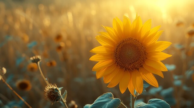   A sunflower in the heart of a towering grass field, bathed in sunlight filtering through the azure sky