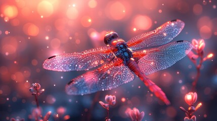   A blue-red dragonfly rests atop a pink field teeming with flowers, its wings dotted with water droplets - obrazy, fototapety, plakaty