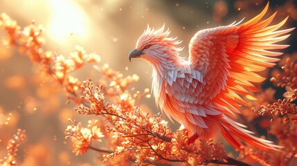 Fototapeta premium A bird perches on a tree branch adjacent to a vibrant, yellow-red blooming tree adorned with numerous leaves