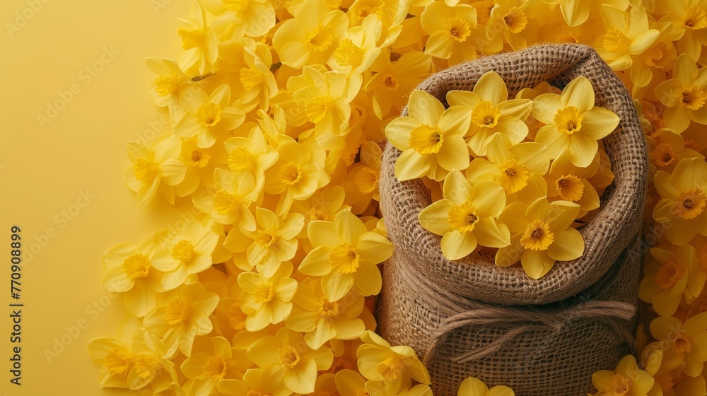 Wall mural a sack of daffodils atop a yellow background, surrounded by a bed of daffodils