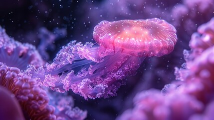   A tight shot of a jellyfish hovering above water, adorned with bubbles clinging to its dorsal side, under a beaming light illuminating its translu - obrazy, fototapety, plakaty