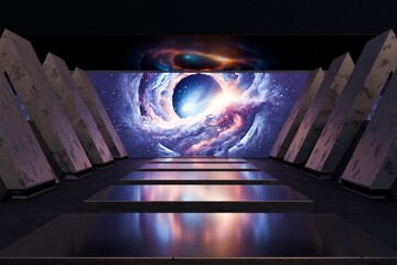 3d Render, Scifi Landscape Futuristic post apocalyptic scenario with abstract alien landscape. Glass object.