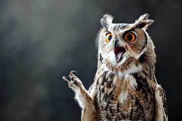 funny surprised owl raising hand on isolated color background