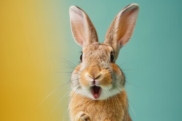 funny surprised rabbit color background