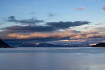 Photo sur Plexiglas Atlantic Ocean Road Sunset at the fjord, Westfjords, Iceland