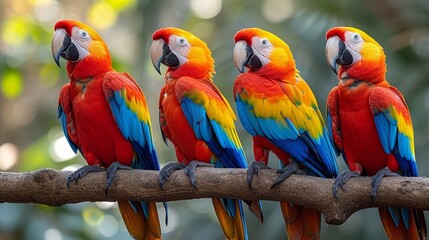   Vibrant birds perch atop a tree branch against a lush, green backdrop of leaves