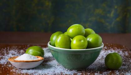 Green unripe plum (greengage) and salt, fresh summer fruit, selective focus